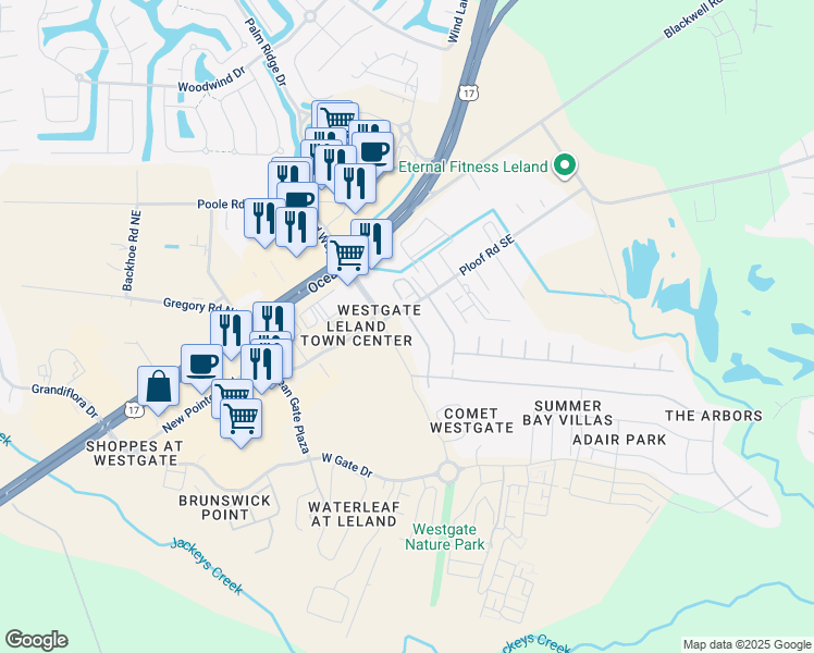 map of restaurants, bars, coffee shops, grocery stores, and more near 207 Sand Pebble Drive in Leland