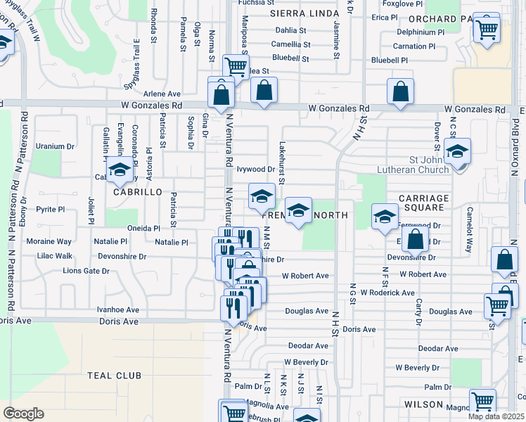 map of restaurants, bars, coffee shops, grocery stores, and more near 1301 Fremont Way in Oxnard
