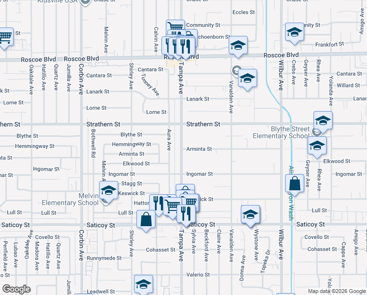 map of restaurants, bars, coffee shops, grocery stores, and more near 7902 Tampa Avenue in Los Angeles