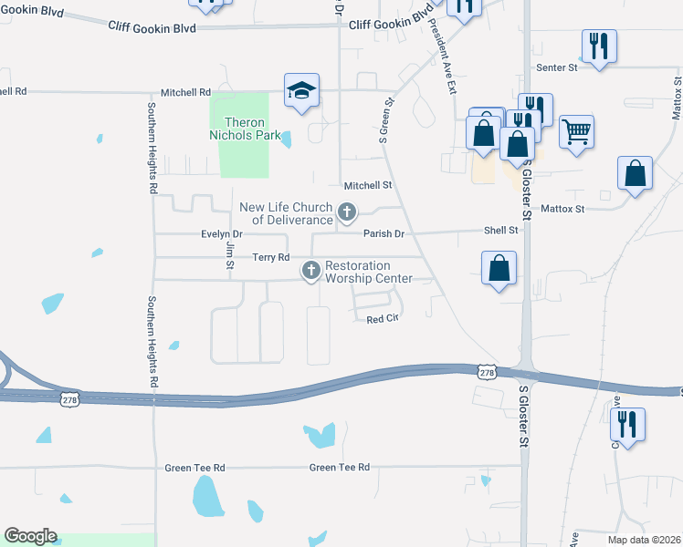 map of restaurants, bars, coffee shops, grocery stores, and more near 1378-1398 Red Circle in Tupelo