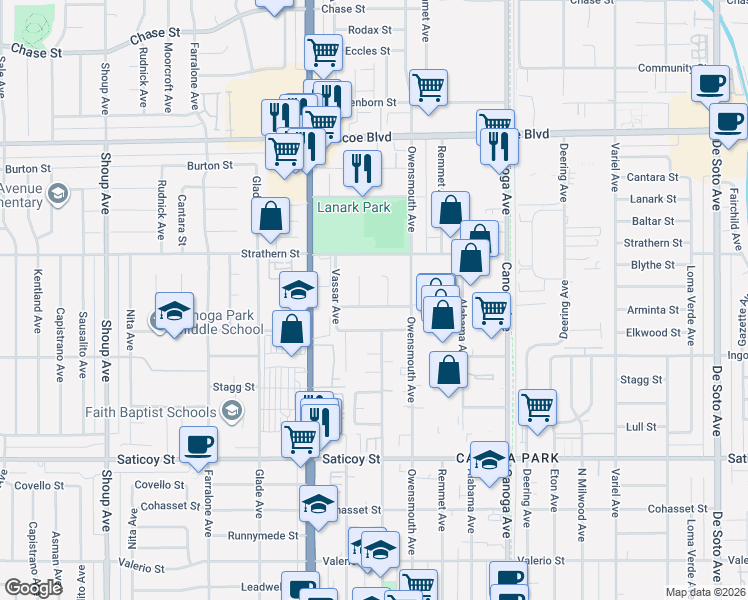 map of restaurants, bars, coffee shops, grocery stores, and more near 21819 Arminta Street in Los Angeles
