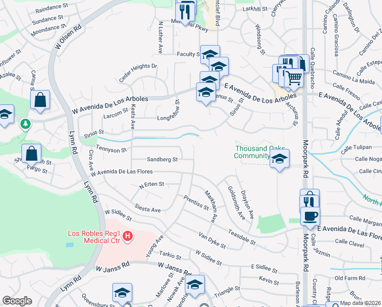 map of restaurants, bars, coffee shops, grocery stores, and more near 2549 Young Avenue in Thousand Oaks