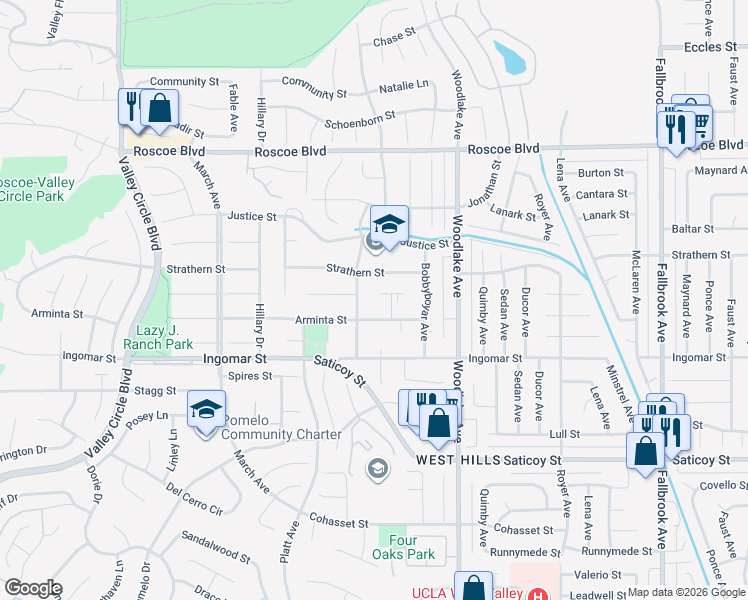map of restaurants, bars, coffee shops, grocery stores, and more near 23316 Blythe Street in Los Angeles