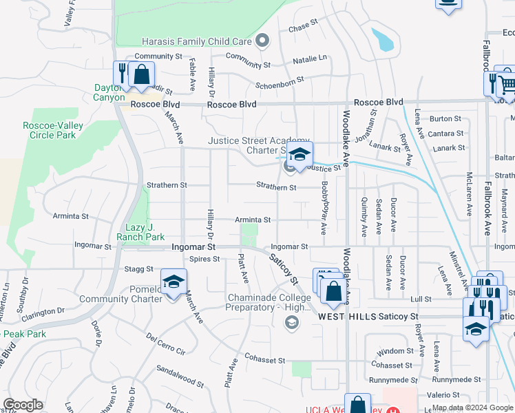 map of restaurants, bars, coffee shops, grocery stores, and more near 23432 Blythe Street in Los Angeles