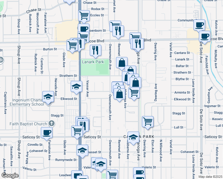 map of restaurants, bars, coffee shops, grocery stores, and more near 7900 Owensmouth Avenue in Los Angeles