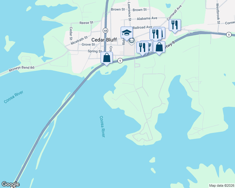 map of restaurants, bars, coffee shops, grocery stores, and more near 3485 River Point in Cedar Bluff
