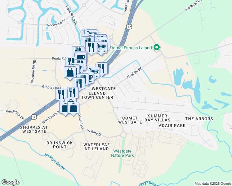 map of restaurants, bars, coffee shops, grocery stores, and more near 211 Sand Pebble Drive in Leland