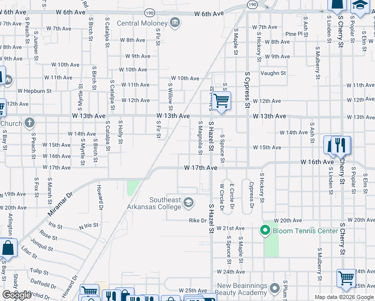 map of restaurants, bars, coffee shops, grocery stores, and more near 2402 West 16th Avenue in Pine Bluff