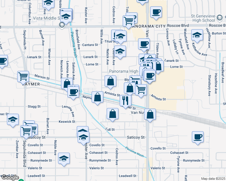 map of restaurants, bars, coffee shops, grocery stores, and more near 14715 Arminta Street in Los Angeles