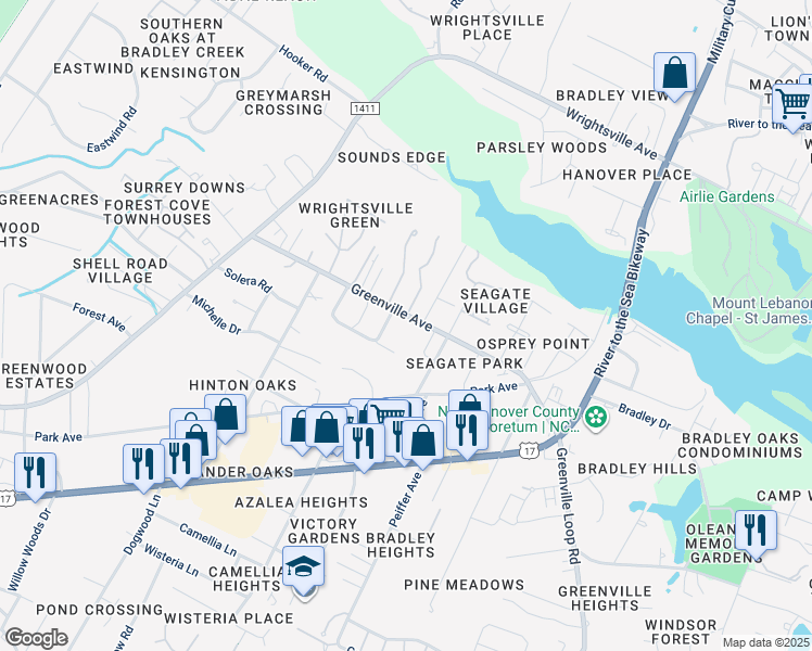 map of restaurants, bars, coffee shops, grocery stores, and more near 219 Greenville Avenue in Wilmington