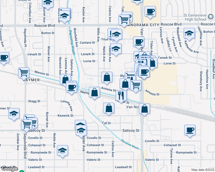 map of restaurants, bars, coffee shops, grocery stores, and more near 14701-14715 Arminta Street in Los Angeles