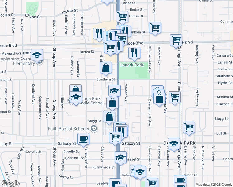 map of restaurants, bars, coffee shops, grocery stores, and more near 7909 Topanga Canyon Boulevard in Los Angeles
