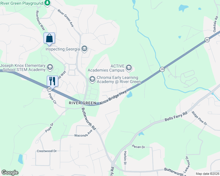 map of restaurants, bars, coffee shops, grocery stores, and more near 8521A Knox Bridge Highway in Canton
