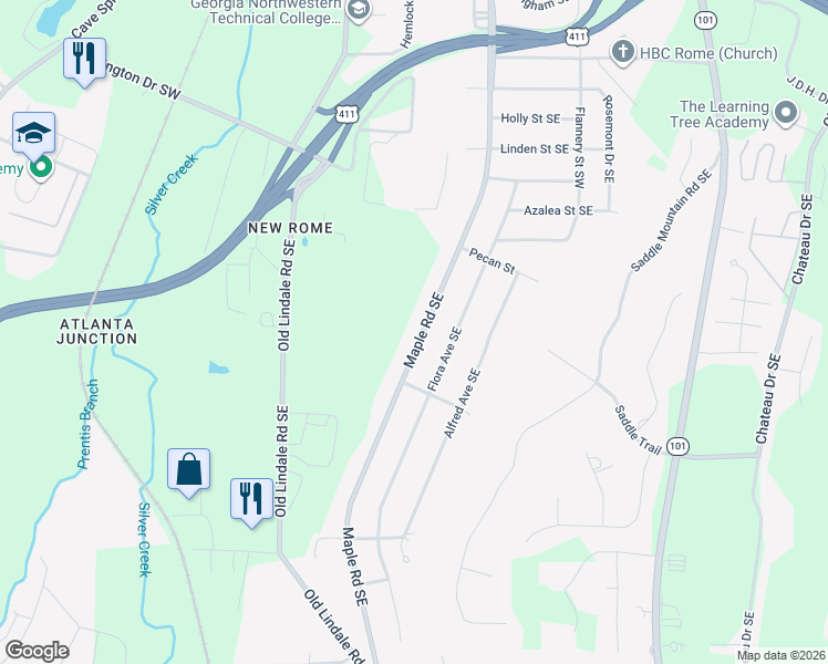 map of restaurants, bars, coffee shops, grocery stores, and more near 2715 Maple Road Southeast in Rome