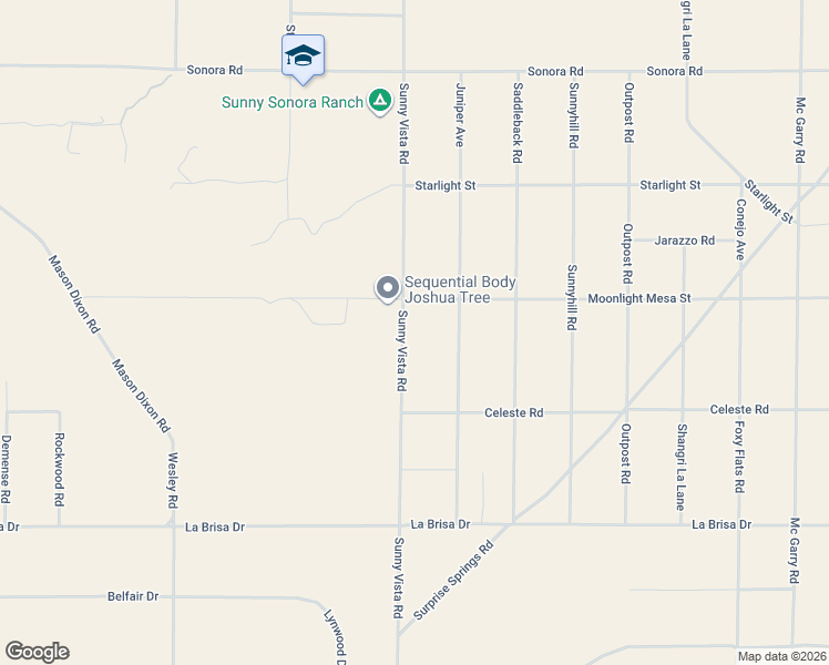map of restaurants, bars, coffee shops, grocery stores, and more near Sunny Vista Road in Joshua Tree