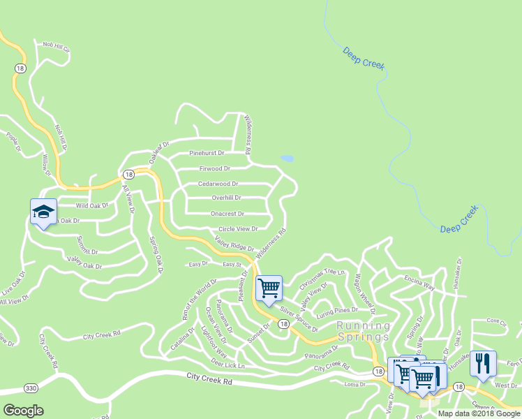 map of restaurants, bars, coffee shops, grocery stores, and more near 31530 Onacrest Drive in Running Springs