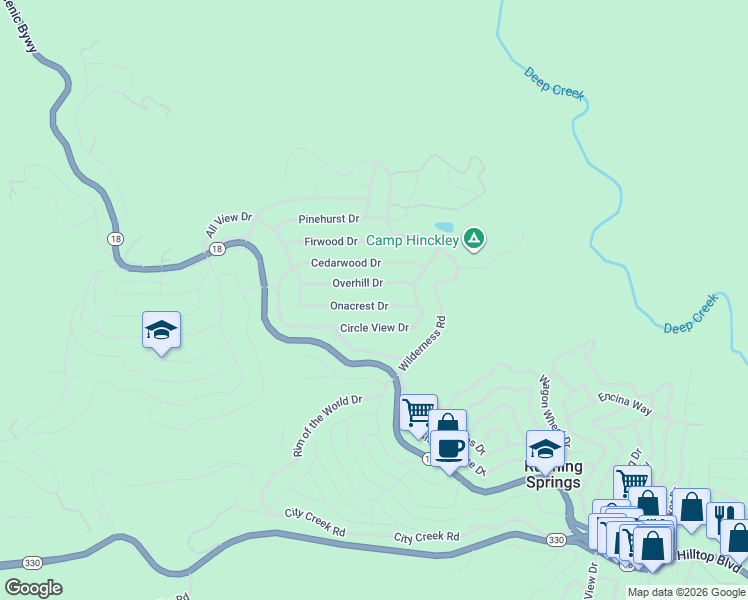 map of restaurants, bars, coffee shops, grocery stores, and more near 31466 Onacrest Drive in Running Springs