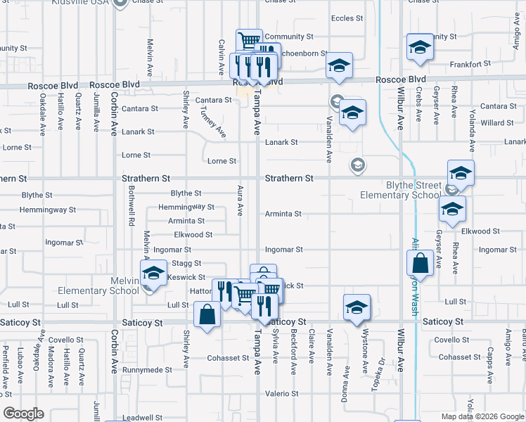 map of restaurants, bars, coffee shops, grocery stores, and more near 7902 Tampa Avenue in Los Angeles