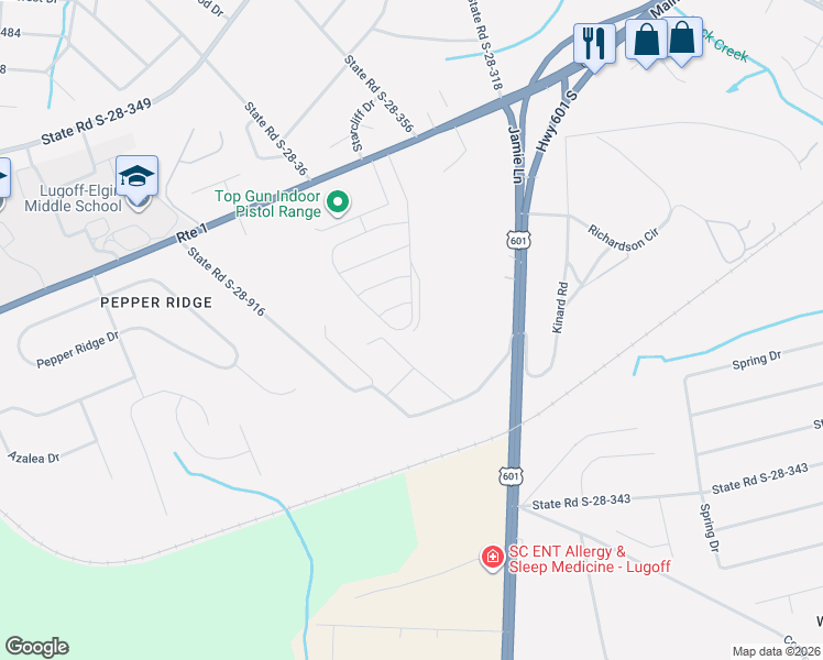 map of restaurants, bars, coffee shops, grocery stores, and more near 37 Sandhill Road in Lugoff