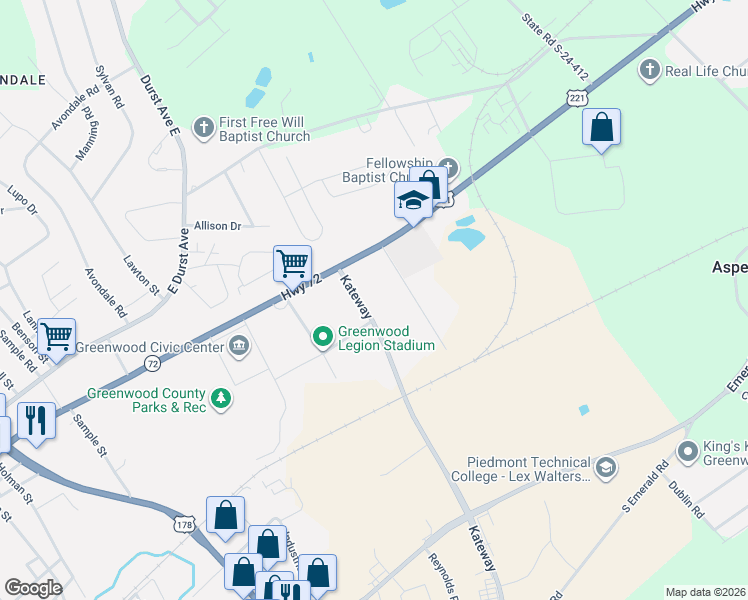 map of restaurants, bars, coffee shops, grocery stores, and more near 2506 Kateway in Greenwood