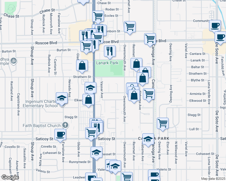 map of restaurants, bars, coffee shops, grocery stores, and more near 21819 Arminta Street in Los Angeles