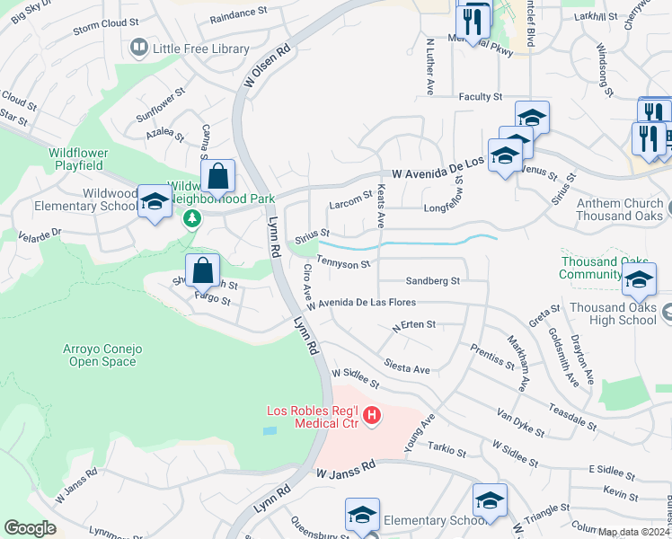 map of restaurants, bars, coffee shops, grocery stores, and more near 2590 Scott Place in Thousand Oaks