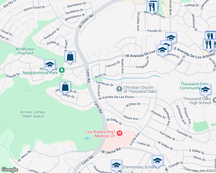 map of restaurants, bars, coffee shops, grocery stores, and more near 2590 Scott Place in Thousand Oaks