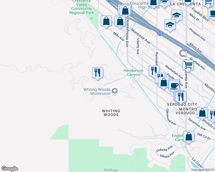 map of restaurants, bars, coffee shops, grocery stores, and more near 419 Mesa Lila Road in Glendale