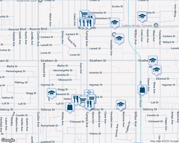 map of restaurants, bars, coffee shops, grocery stores, and more near 7904 Tampa Avenue in Los Angeles