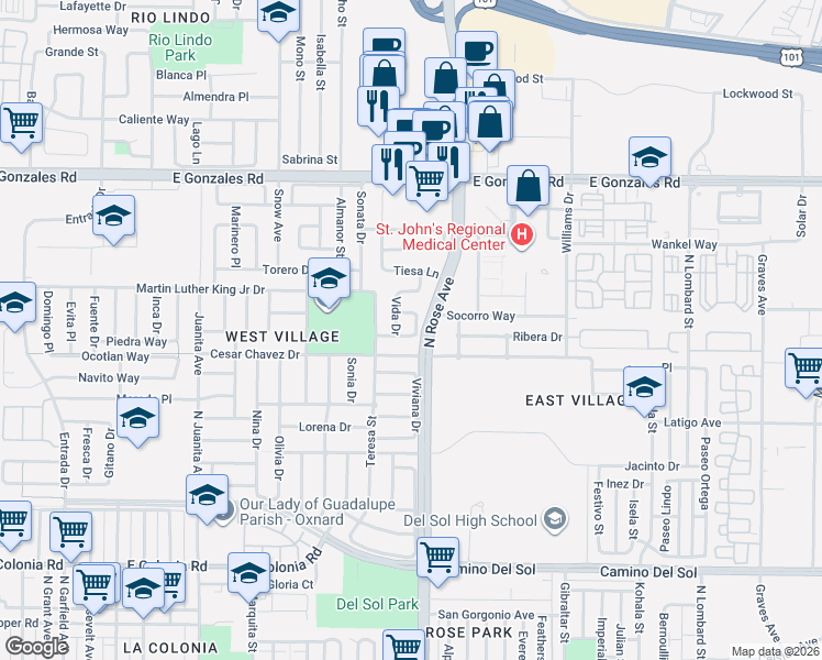 map of restaurants, bars, coffee shops, grocery stores, and more near 1236 Rubio Circle in Oxnard