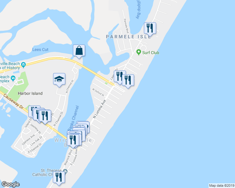 map of restaurants, bars, coffee shops, grocery stores, and more near 19 East Henderson Street in Wrightsville Beach