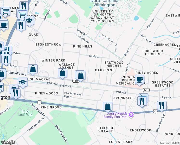 map of restaurants, bars, coffee shops, grocery stores, and more near 212 Woodland Drive in Wilmington