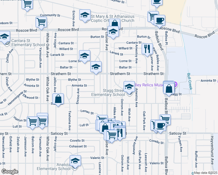 map of restaurants, bars, coffee shops, grocery stores, and more near 7900 Louise Avenue in Los Angeles