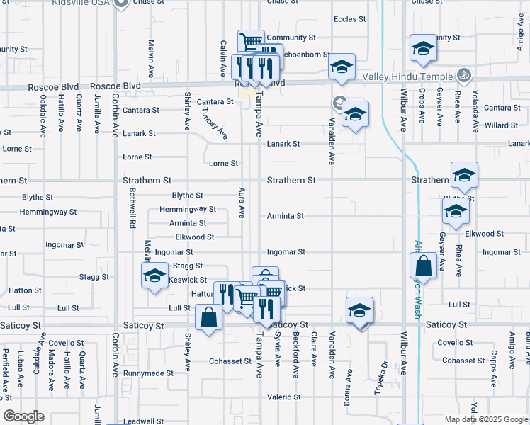 map of restaurants, bars, coffee shops, grocery stores, and more near 7904 Tampa Avenue in Los Angeles