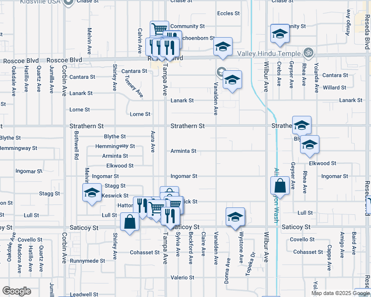 map of restaurants, bars, coffee shops, grocery stores, and more near 19215 Arminta Street in Los Angeles