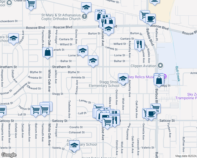 map of restaurants, bars, coffee shops, grocery stores, and more near 7900 Lasaine Avenue in Los Angeles