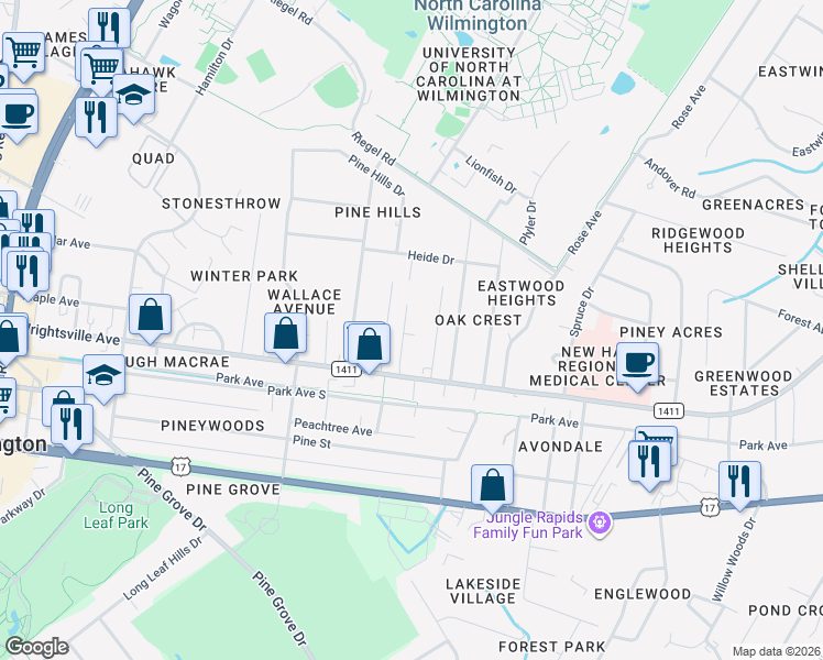 map of restaurants, bars, coffee shops, grocery stores, and more near 212 Woodland Drive in Wilmington