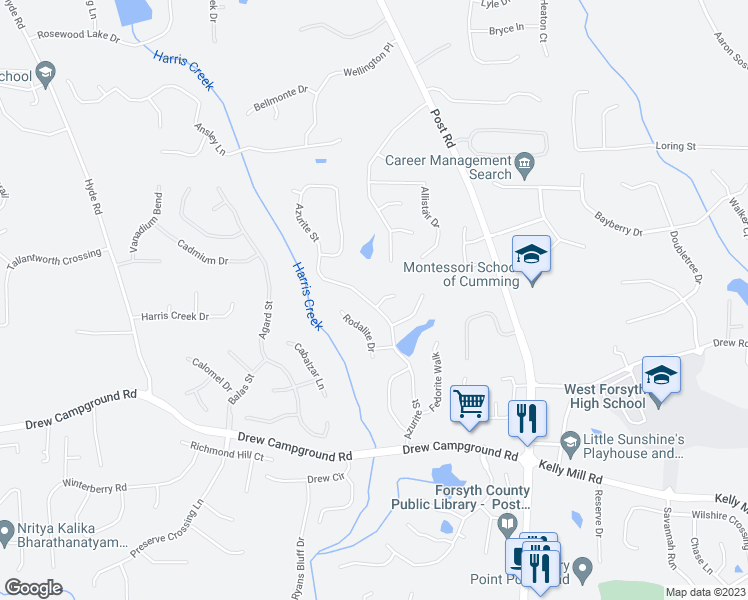 map of restaurants, bars, coffee shops, grocery stores, and more near 4010 Azurite Street in Cumming