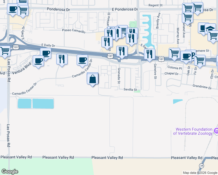 map of restaurants, bars, coffee shops, grocery stores, and more near 1150 Ventura Boulevard in Camarillo