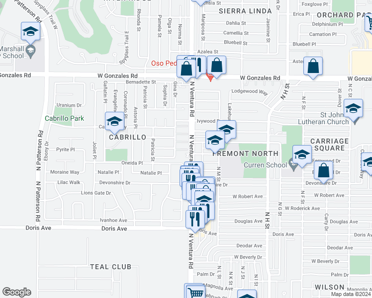 map of restaurants, bars, coffee shops, grocery stores, and more near 1276 Gina Drive in Oxnard