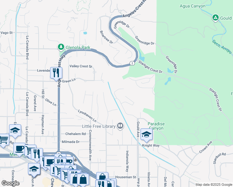map of restaurants, bars, coffee shops, grocery stores, and more near 5260 Gould Avenue in La Cañada Flintridge