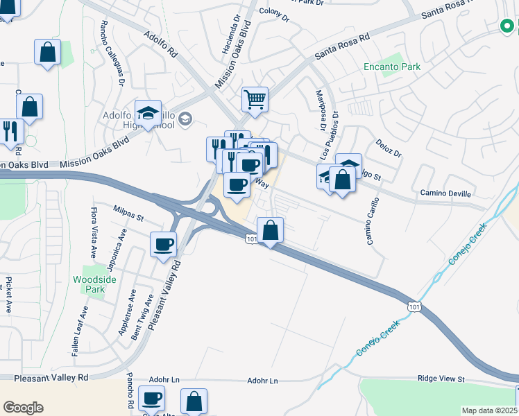 map of restaurants, bars, coffee shops, grocery stores, and more near 5036 Robles Street in Camarillo