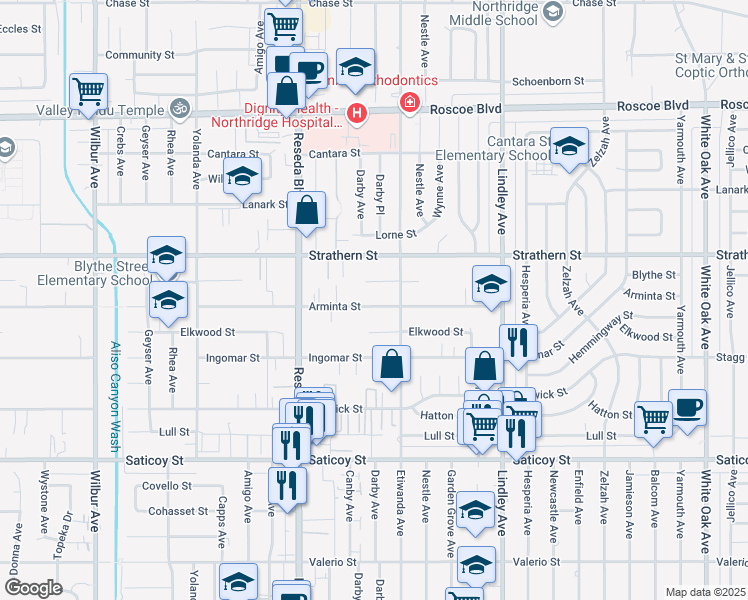 map of restaurants, bars, coffee shops, grocery stores, and more near 18331 Arminta Street in Los Angeles