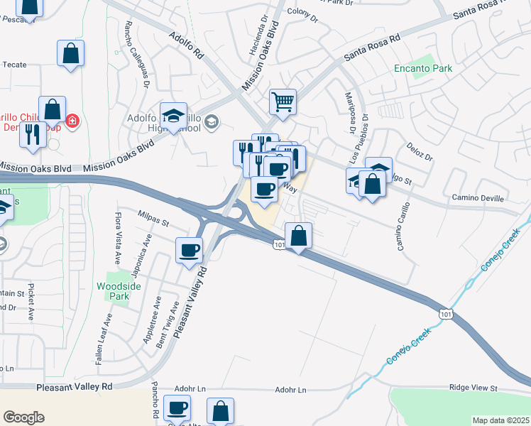 map of restaurants, bars, coffee shops, grocery stores, and more near 4994 Verdugo Way in Camarillo