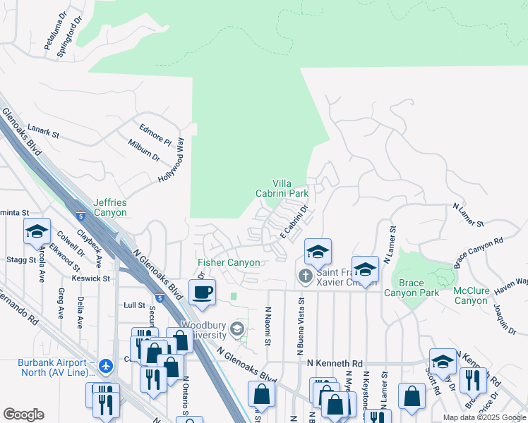 map of restaurants, bars, coffee shops, grocery stores, and more near 9542 Vía Venezia in Burbank
