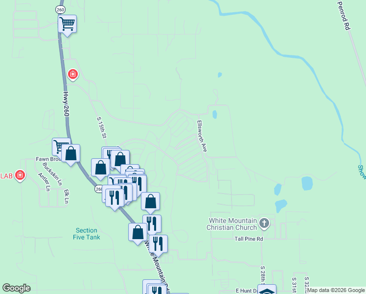 map of restaurants, bars, coffee shops, grocery stores, and more near 2161 Saddlebag Lane in Show Low