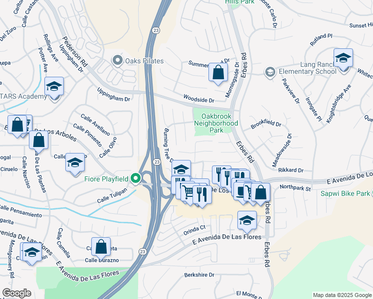 map of restaurants, bars, coffee shops, grocery stores, and more near 1739 Sandal Wood Place in Thousand Oaks