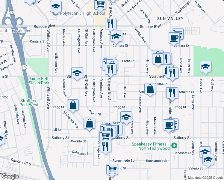 map of restaurants, bars, coffee shops, grocery stores, and more near 7852 Laurel Canyon Boulevard in Los Angeles