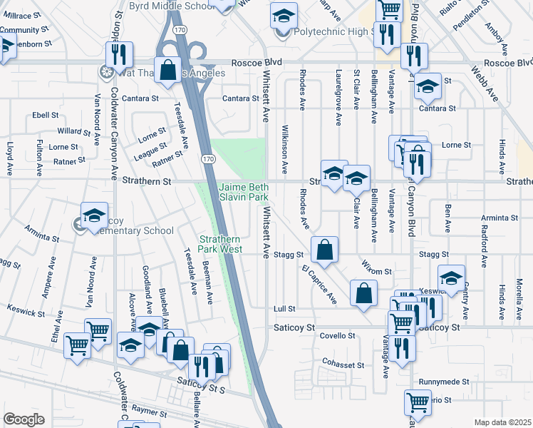 map of restaurants, bars, coffee shops, grocery stores, and more near 7843 Whitsett Avenue in Los Angeles