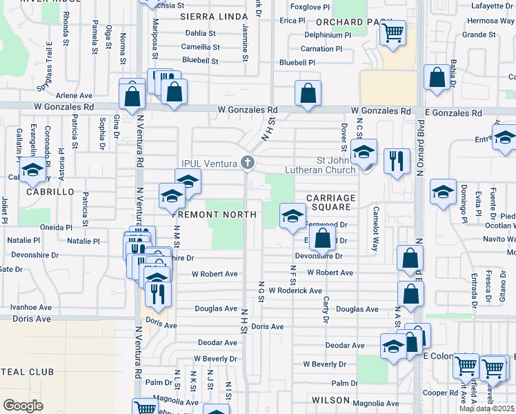 map of restaurants, bars, coffee shops, grocery stores, and more near 1201 North G Street in Oxnard